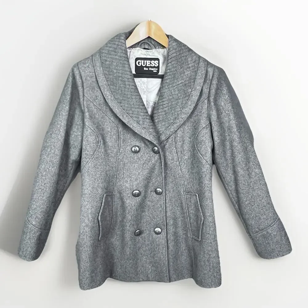 Guess Wool Coat Women’s Sz L Gray Double Breasted Knit Collar Winter Classic